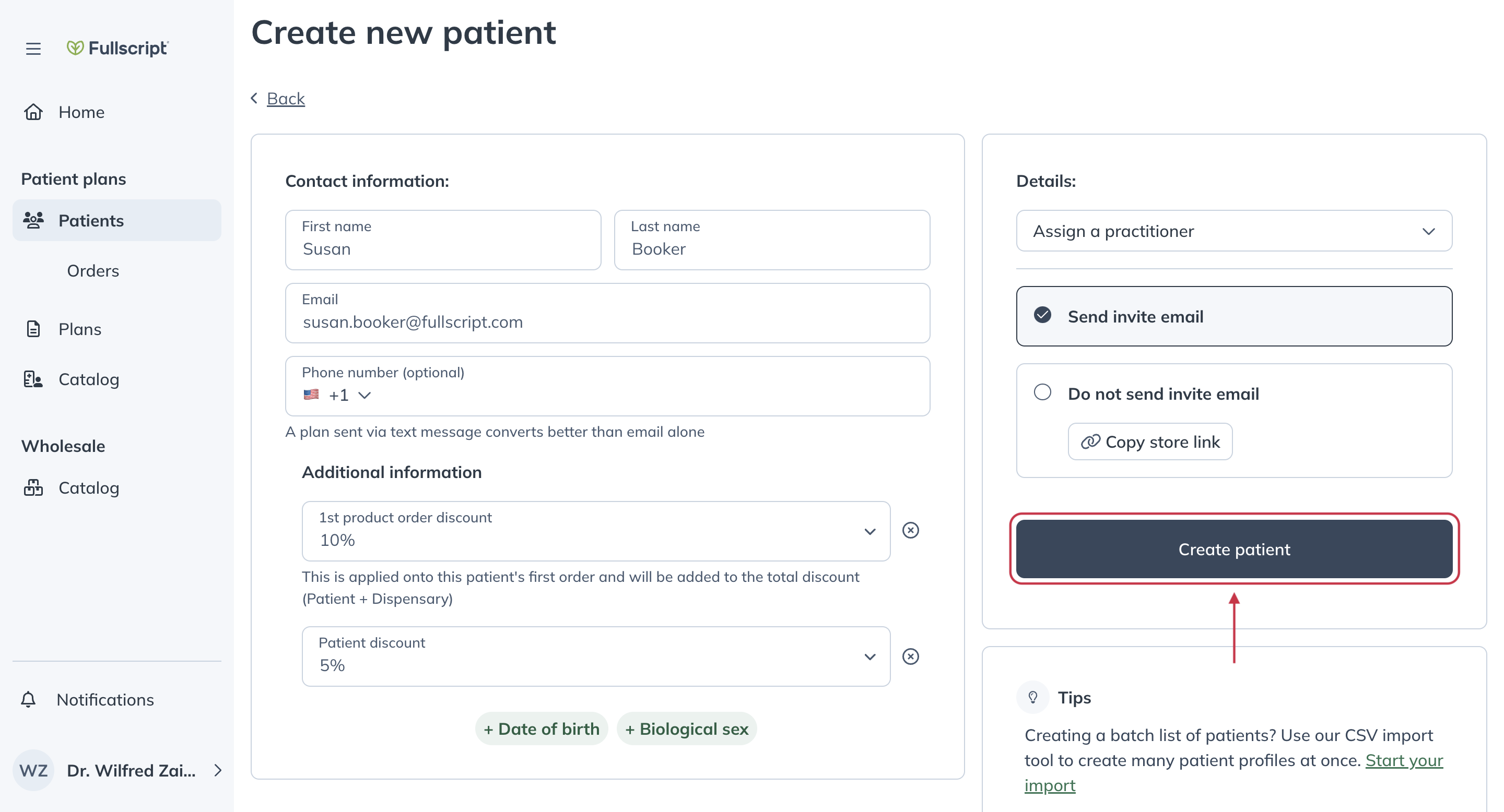 Adding a new patient from the Patients page.