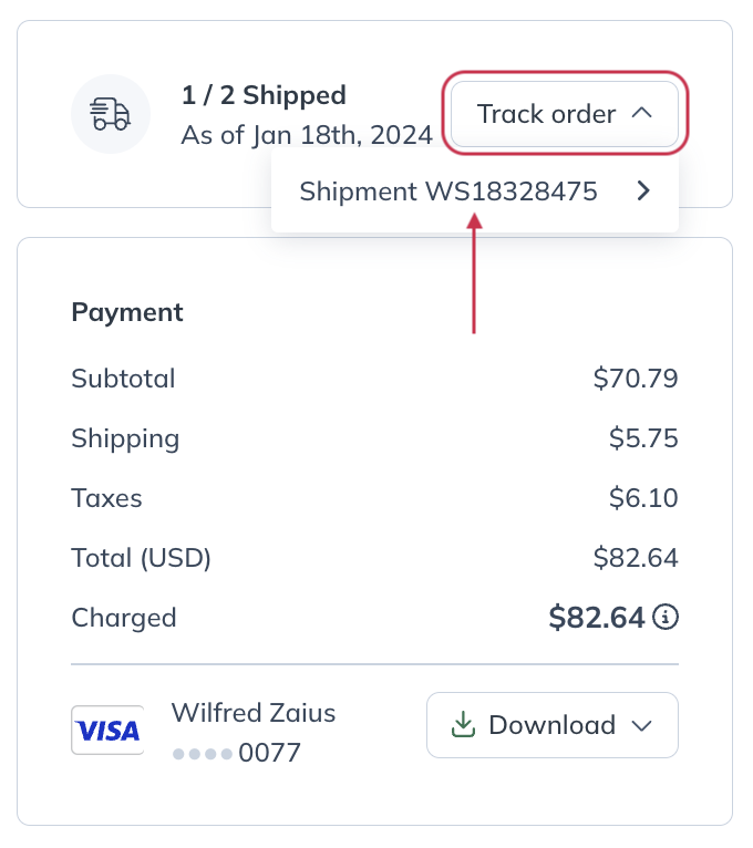 Clicking Track Order, then the specific shipment you'd like to track.