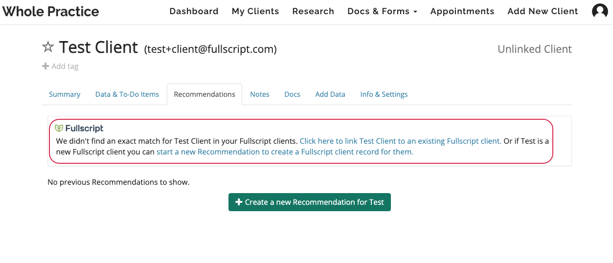 Selecting to link to a specific client or start a recommendation